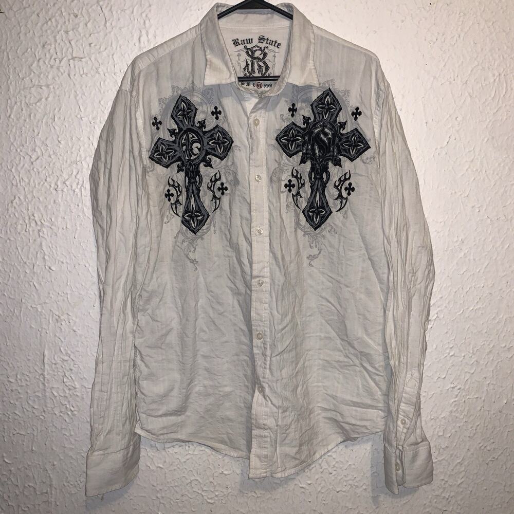 Y2K Raw State White Velvet Flocking Graphic Cross Goth Emo Button Down Shirt XL